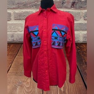 Women’s vintage Red Long-Sleeve Western Shirt with Southwestern Print size small